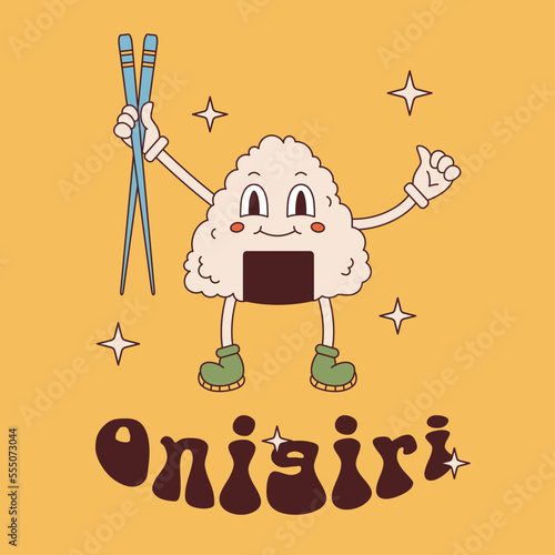 Vector groovy postcard with onigiri mascot in retro style. Onigiri character holding chopsticks 70s. Groovy japanese food. Onigiri text.