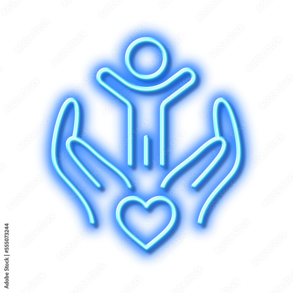 Volunteer care line icon. Hospice service sign. Neon light effect outline icon. Volunteer care line icon. Hospice service sign. Neon light effect outline icon.