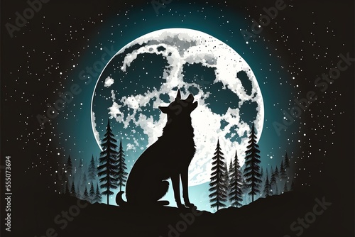 Santa in night sky against background of full moon. Dog silhouette looks up at sky. Christmas greeting card template. Vector cartoon illustration. Generative AI