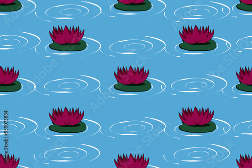 Seamless pattern with lotus flowers on a green leaf on a lake with streaks on the water. Wallpaper or bed linen print. Website banner concept with chinese flower. Thai flower festive. Bualuang.