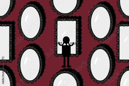 Seamless pattern with vintage mirrors of different shapes and a black silhouette of a girl with pigtails in front of the mirror. Retro print for wallpaper and bed linen with mirrors