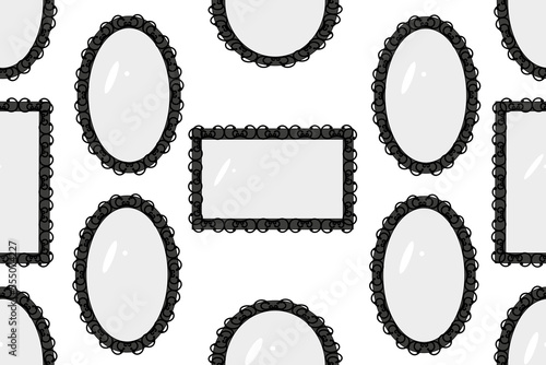 Seamless pattern with vintage mirrors with differen shape on white background. Retro print for wallpaper and bed linen with mirrors