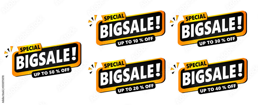 Percent sale gold banner template design set, Big sale special offer. up to 50% 10% 20% 30% 40% off. Vector illustration. Can used for business store event.