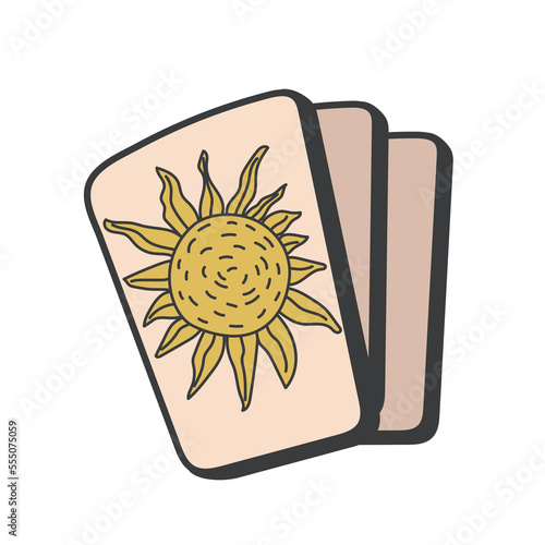Esoteric tarot cards. Deck with magic occult sun celestial signs of major arcana for divination. Fortune telling, future prediction. Flat vector illustration isolated white background