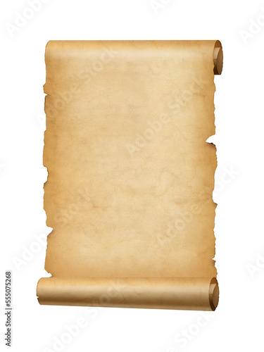 Old mediaeval paper sheet. Parchment scroll isolated on white