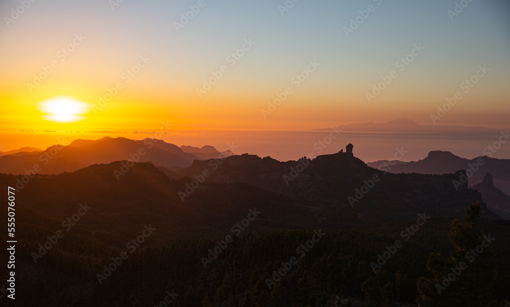 Nature and landscape of the Gran Canaria. Mirador Roque Nublo . mountains over the sunset and views of Tenerife.