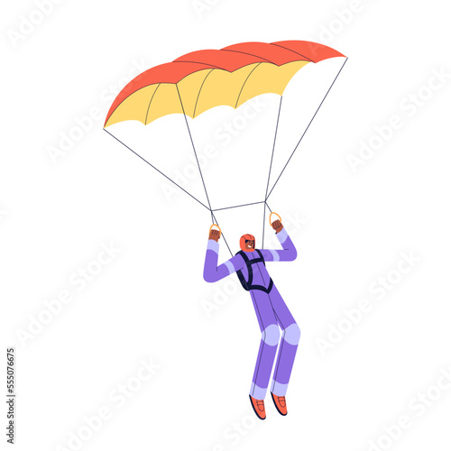 Parachutist flying. Skydiver parachuting, skydiving, floating in height. Happy excited sky jumper flies. Extreme sport, leisure activity. Flat vector illustration isolated on white background