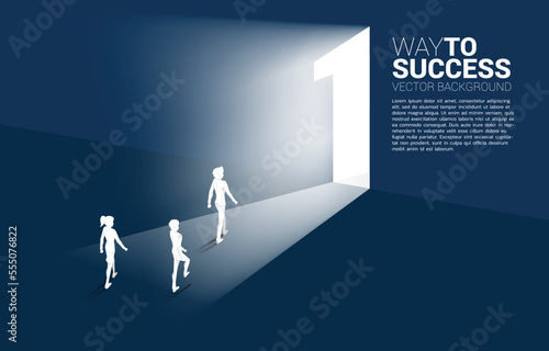 Silhouette of businessman and businesswoman walking to exit door number one. Concept of career start up and champion business solution.