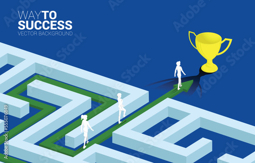Silhouette of Businessman and businesswoman walk on Arrow with route path to exit the maze to golden trophy. Business concept for problem solving and solution strategy