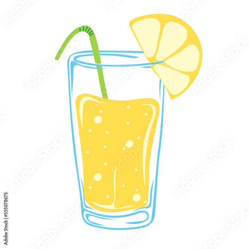 Glass of lemonade with lemon slice. Summer drink. Vector illustration