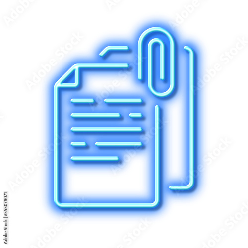 Document attachment line icon. File with paper clip sign. Neon light effect outline icon.