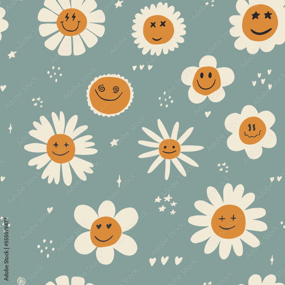 abstract square seamless patterns with vintage groovy daisy flowers. Retro floral vector background surface design, textile, stationery, wrapping paper, covers. 60s, 70s, 80s style. Vector