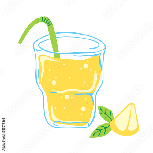 Glass of lemonade with lemon slice. Summer drink. Vector illustration