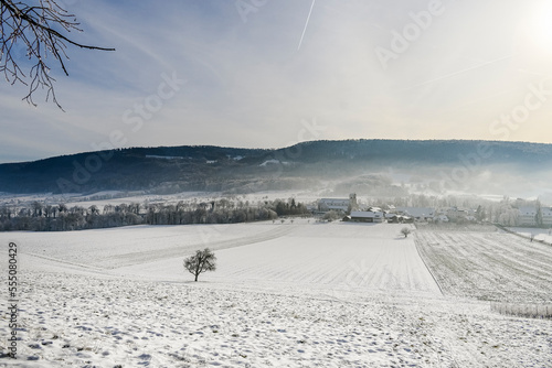 Mariastein  Kloster  Winter  Winterlandschaft  Dorf  Landwirtschaft  Felder  Wanderweg  Klosterkirche  Metzerlen-Mariastein  Schnee  Eis  Nebel  Winterspaziergang  Schweiz