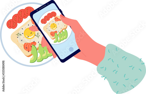 Taking photo flat icon Breakfast picture on smartphone Food blog