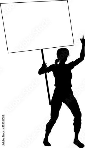 Protestor or demonstrator at a demonstration march, picket line or strike protest rally in silhouette. Holding up a banner or picket sign board placard.