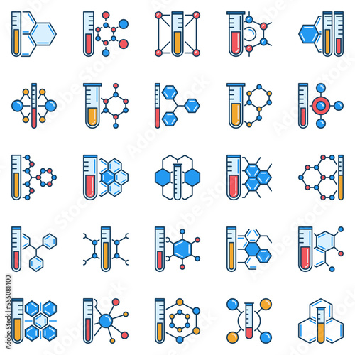 Chemical Compound with Test Tube icons set. Sample Tube and formula signs