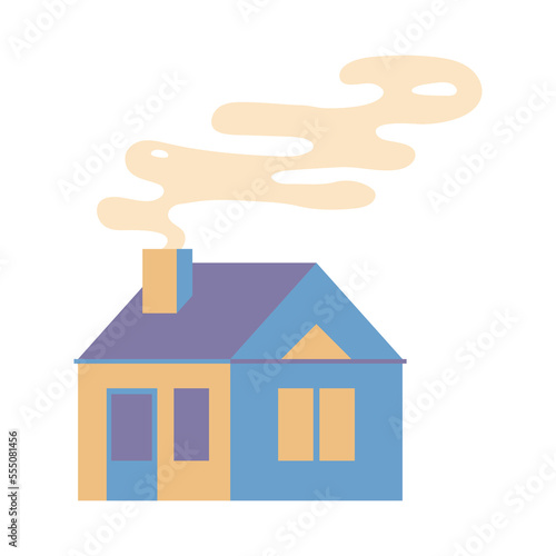 Vector geometric town house. Flat minimal building with chimney and smoke, city design element. Trendy illustration