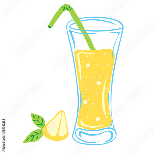 Glass of lemonade with lemon slice. Summer drink. Vector illustration