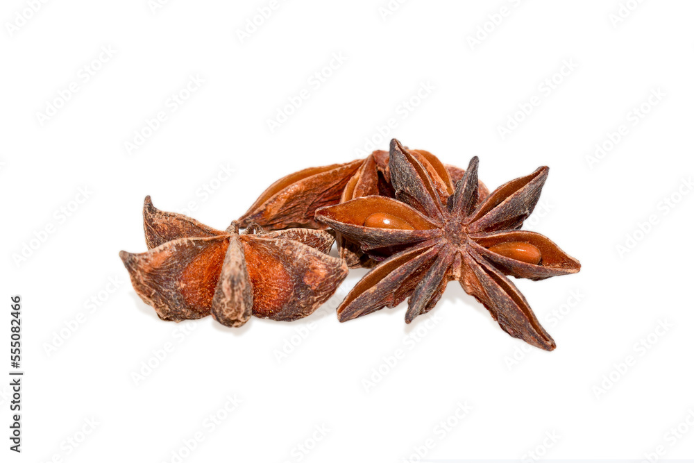 Close-up of star anise, Star aniseed ( illicium verum) isolated on white background Close-up of star anise, Star aniseed ( illicium verum) isolated on white background