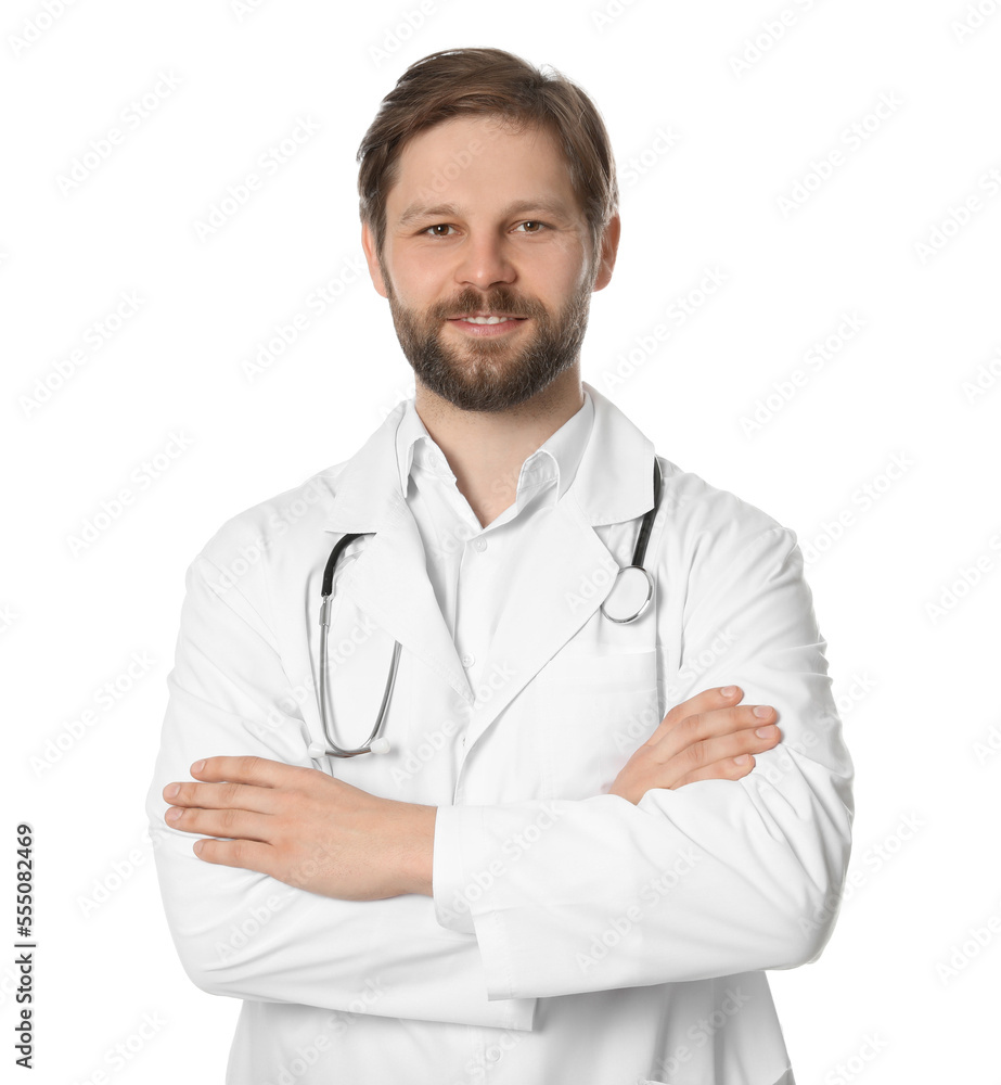 Doctor or medical assistant (male nurse) in uniform with stethoscope on white background Doctor or medical assistant (male nurse) in uniform with stethoscope on white background