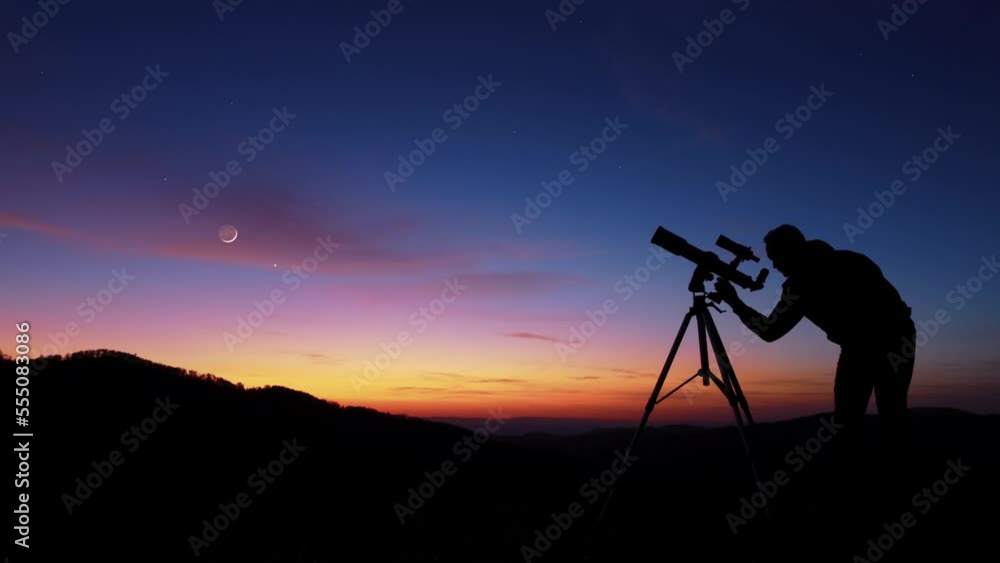 Man with astronomy telescope looking at the night sky, stars, planets, Moon and shooting stars. Man with astronomy telescope looking at the night sky, stars, planets, Moon and shooting stars.