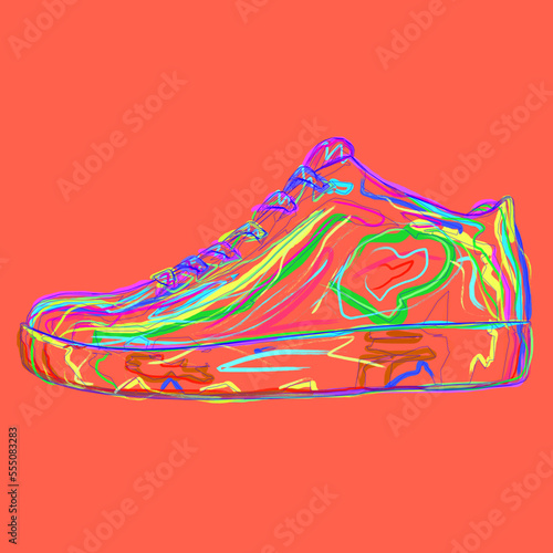 Sneaker painted in grunge style with multi-colored brushes. Side view. Vector illustration.