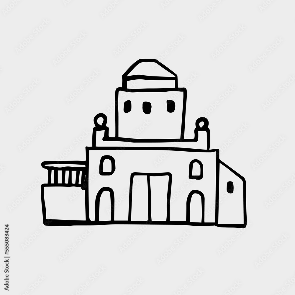 Black and white hand-drawn drawing. The facade of the building on a light background. Linear illustration of architecture. Black and white hand-drawn drawing. The facade of the building on a light background. Linear illustration of architecture.