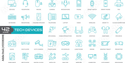 Tech Device thin lines Flat Icon Solid style,isolated Simple Communication icon set,easy to change colour and size,Device and technology web Icon in Vector Format , all are 42 icons
