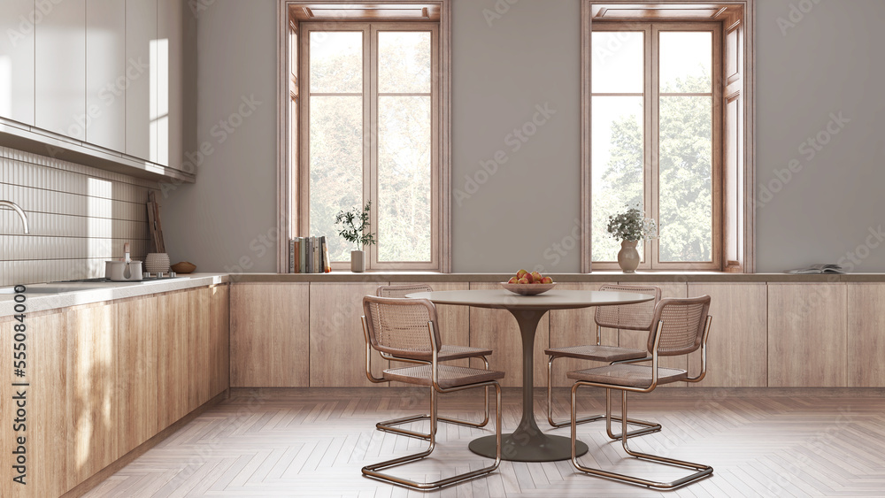Modern japandi kitchen and dining room in white and bleached tones. Cabinets and dining table with chairs, parquet floor. Farmhouse interior design Modern japandi kitchen and dining room in white and bleached tones. Cabinets and dining table with chairs, parquet floor. Farmhouse interior design