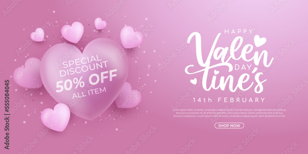 Realistic banner valentine's day sale promotion with discount
