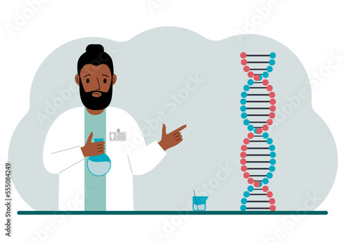 Male doctor with flasks near the dna chain. The concept of a new coronavirus, virus, pcr or disease treatment.