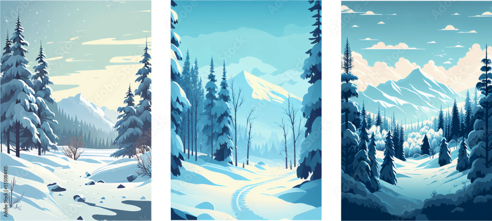 Vector illustration. Flat winter landscape Snowy background. Snow Light blue sky. Blizzard. Snoway weather. Forest trees and mountains.