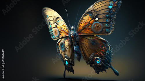 Photo cyber butterfly isolated on colorful background, steampunk, cyberpunk, metal, fa