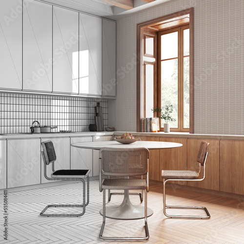 Architect interior designer concept: hand-drawn draft unfinished project that becomes real, contemporary wooden kitchen and dining room. Table with chairs. Farmhouse style