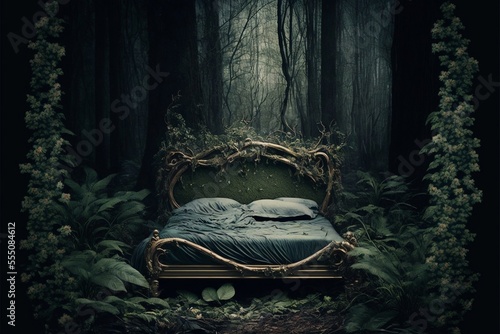 Bed in rainforest | Generative AI photo