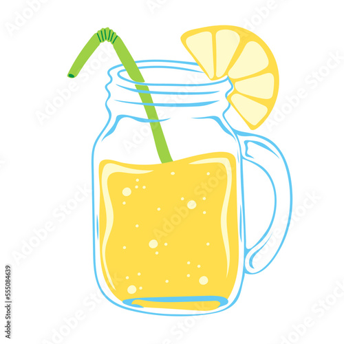 Glass jar with lemonade and lemon slice. Summer drink. Vector illustration