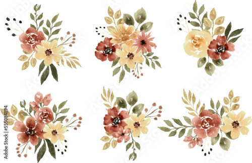 set of watercolor flowers brown and yellow, watercolor flower arrangement © nabilahcholila