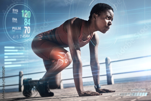 Fototapeta Naklejka Na Ścianę i Meble -  Start, runner or black woman training for fitness, cardio exercise or running workout in summer with overlay. Hologram, pulse or healthy girl sports athlete with focus, resilience or strong mindset