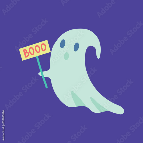 Cartoon Color Character Mascot Fly Ghost with Sign Boo Invitation Halloween Concept Flat Design Style. Vector illustration