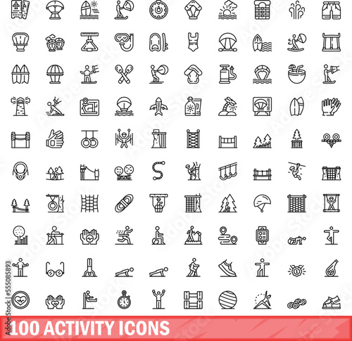 100 activity icons set. Outline illustration of 100 activity icons vector set isolated on white background