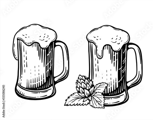 Beer mug vector sketch. Hops. Line art. Template. Close-up. Clip art. Hand Painting. Ink. Black and white