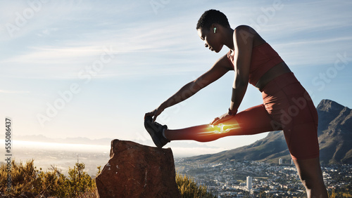 Fitness, mountain and black woman stretching legs ready to start workout, running and marathon training. Sports, exercise and x ray of knee of female athlete for wellness, performance and body health