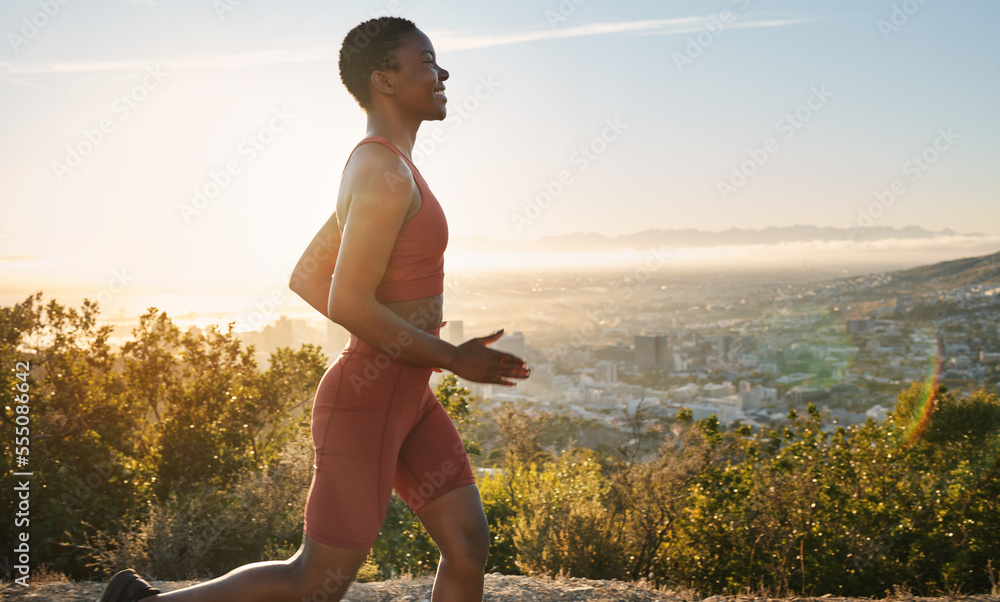 Fitness, sunset and profile of running black woman training for USA marathon race, cardio workout or body health goals. Blue sky flare, nature and runner exercise in Los Angeles Hollywood mountains - obrazy, fototapety, plakaty 