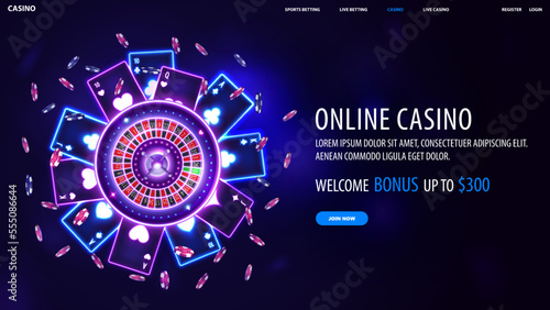Online casino, blue dark banner with welcome bonus, button and pink shine neon Casino Roulette wheel with playing cards