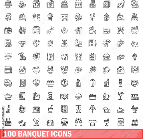100 banquet icons set. Outline illustration of 100 banquet icons vector set isolated on white background