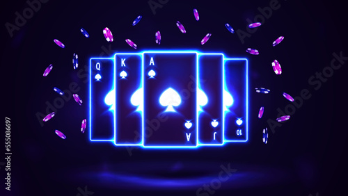 Blue shine neon casino playing cards with poker chips in dark empty scene. Spade Royal Flush