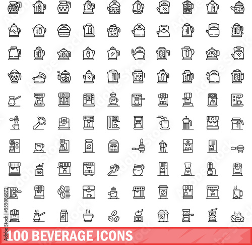 100 beverage icons set. Outline illustration of 100 beverage icons vector set isolated on white background