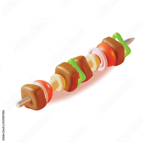 3d Kebab or Barbecue on a Skewer Plasticine Cartoon Style Isolated on a White Background. Vector illustration