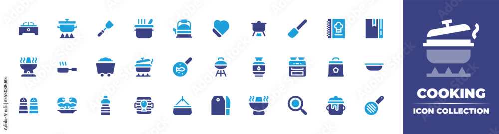 Cooking icon collection. Vector illustration. Containing cooking stove, cooking, spatula, pot, kettle, gloves, cooking equipment, paddle, cook book, recipe, oven, frying pan, coal, barbacue, and more.